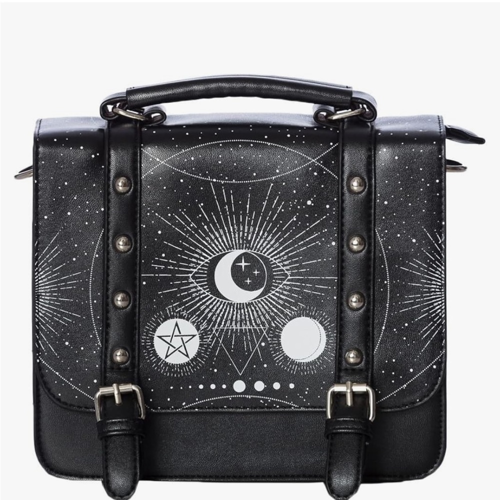 Black Witchy Wiccan Goth Tarot Celestial Briefcase Style Purse Crescent Moon